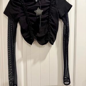 Dolls Kill Current Mood Black Star-Embellished & Fishnet Sleeve Women's Crop Top